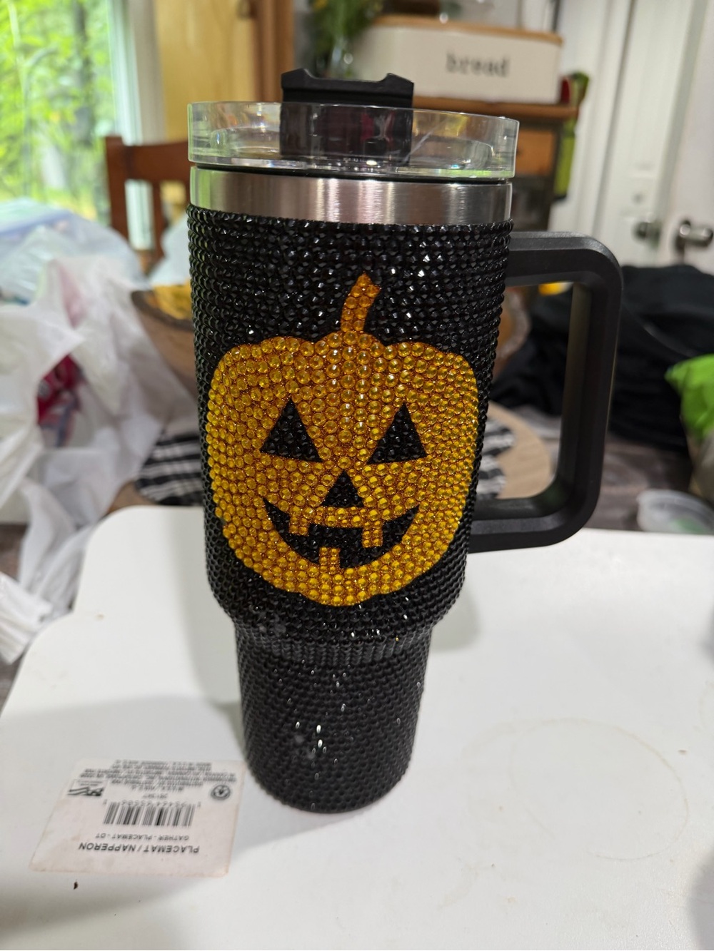 Black 40oz Tumbler with Yellow Pumpkin Jack-O'-Lantern Rhinestones